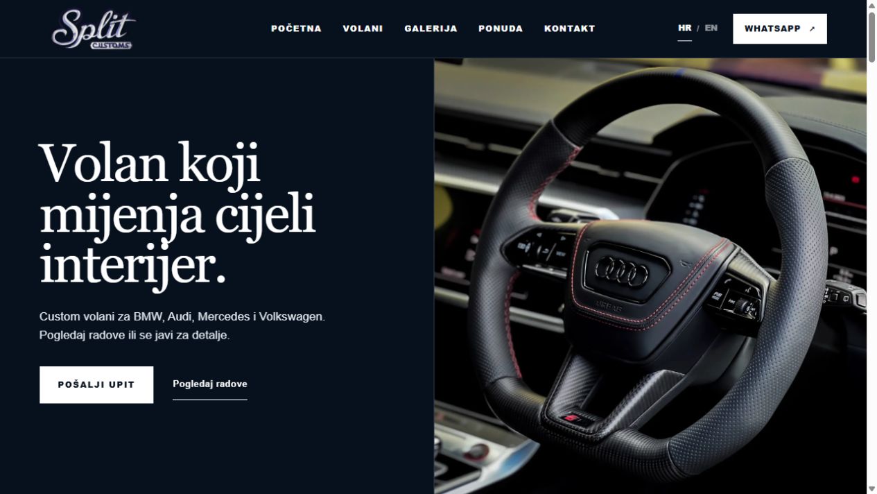 Početna stranica Split Customs sa navigacijom, naslovom i Audi volanom
